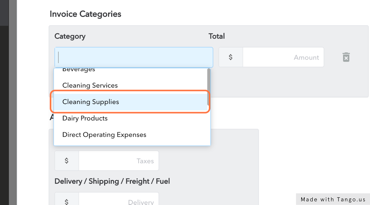 Choose the appropriate Category from the drop down list and fill in the corresponding amount. 