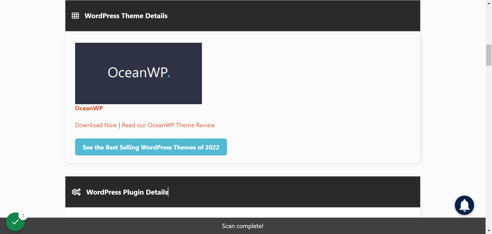 Screenshot of the IsItWP website showing the theme that kimscotland.com is running, OceanWP