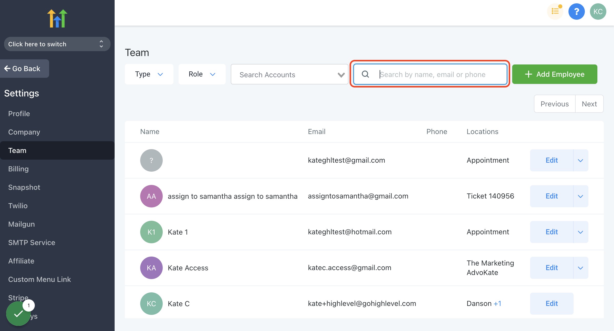 Click on Search by name, email or phone