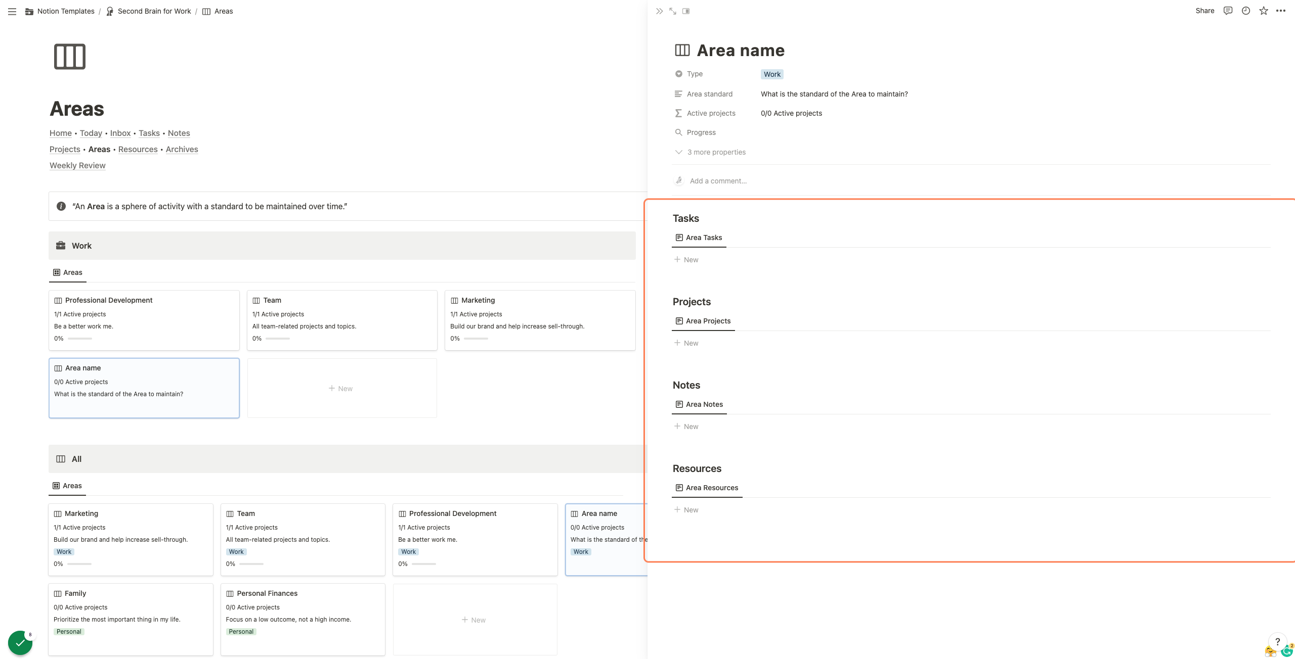 When you relate Tasks, Projects, Notes and Resources to this Area they will show up here until they are archived