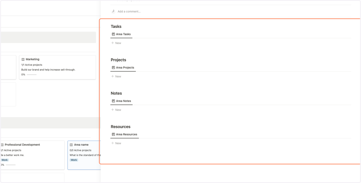 When you relate Tasks, Projects, Notes and Resources to this Area they will show up here until they are archived