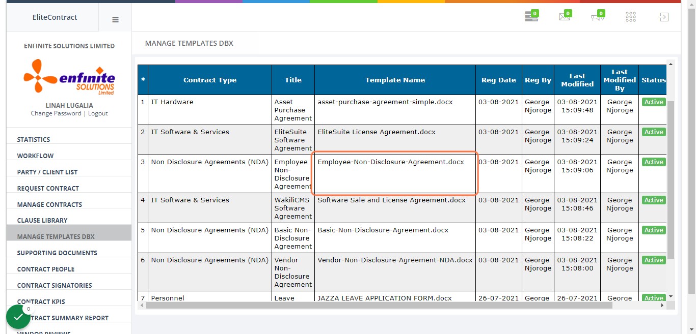 The added template is saved under contract Templates list