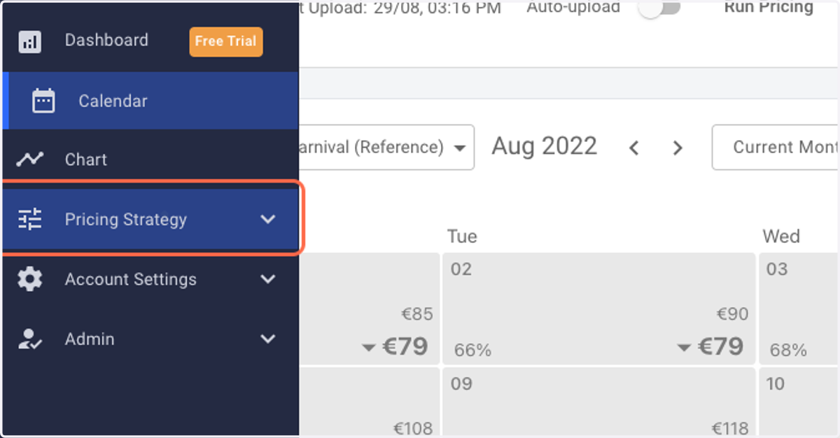 Log in to RoomPriceGenie and click on Pricing Strategy.