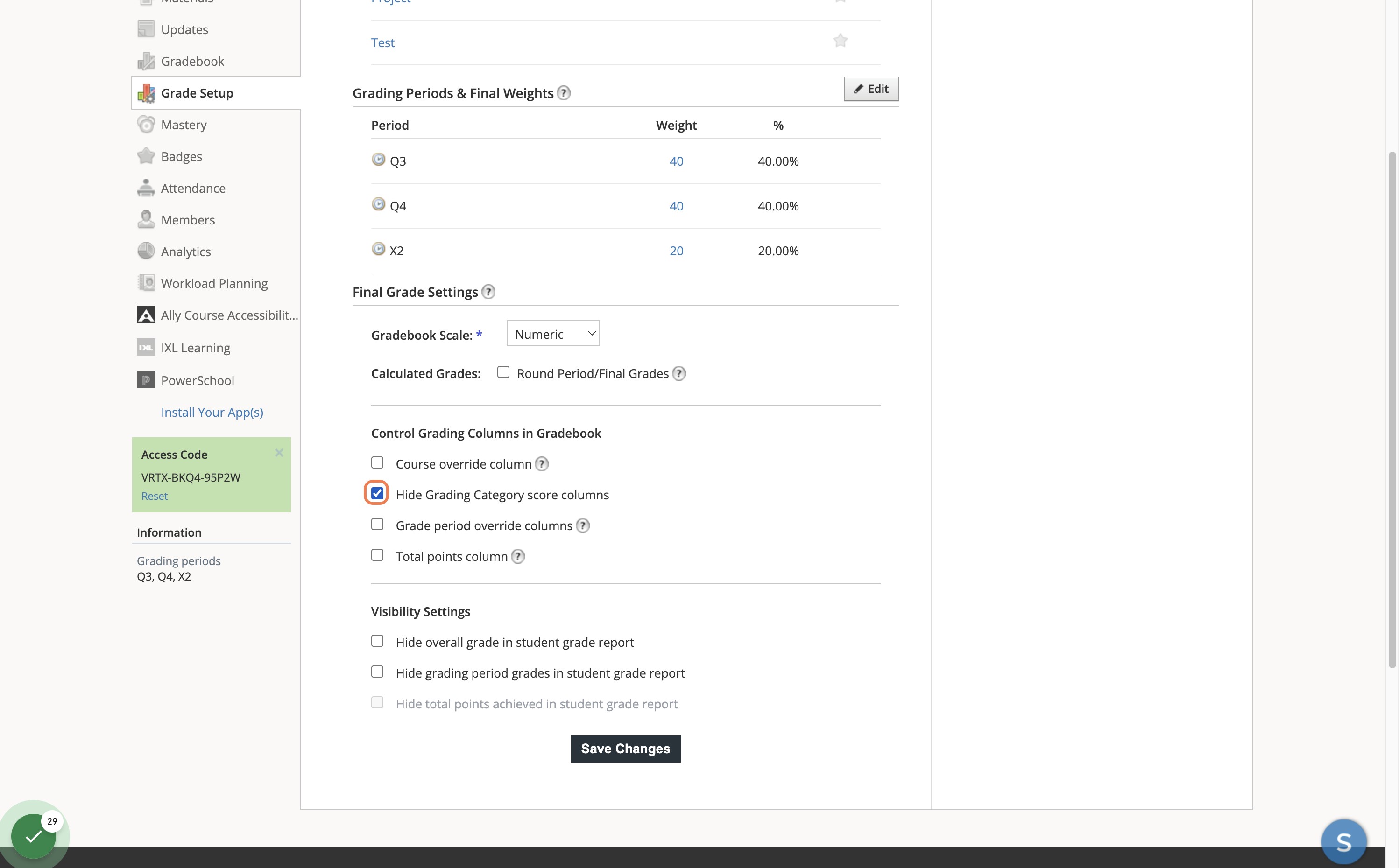 At the bottom of the screen, check Hide Grading Category score columns
