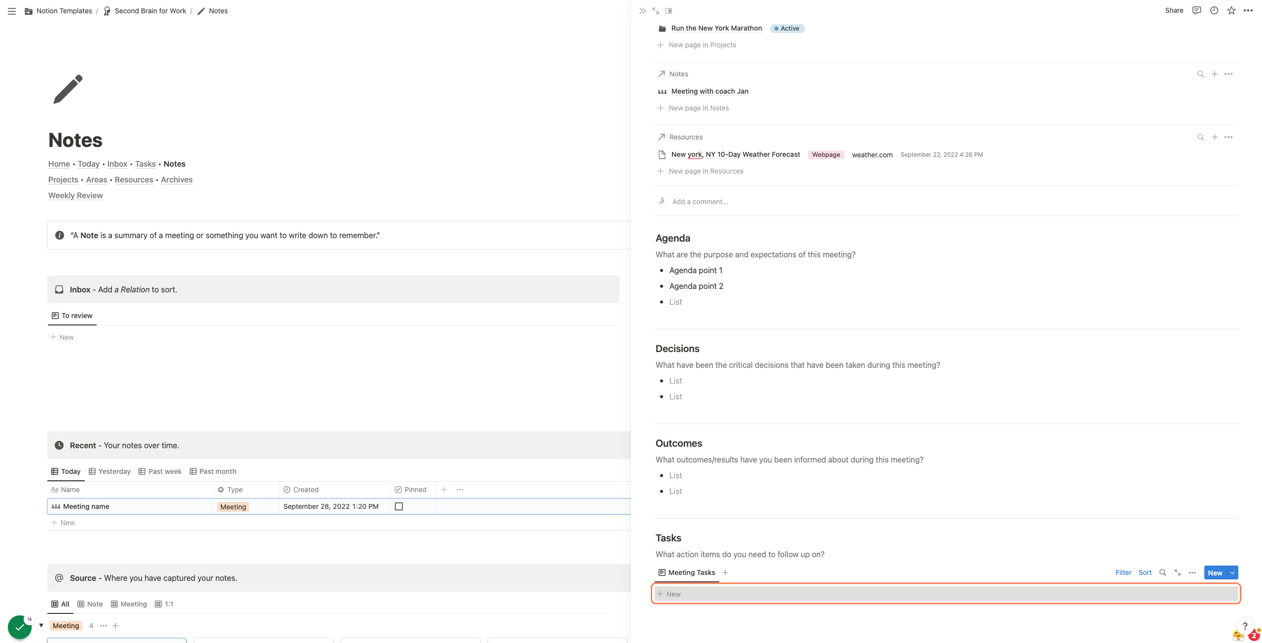 Click on "New" to add meeting tasks