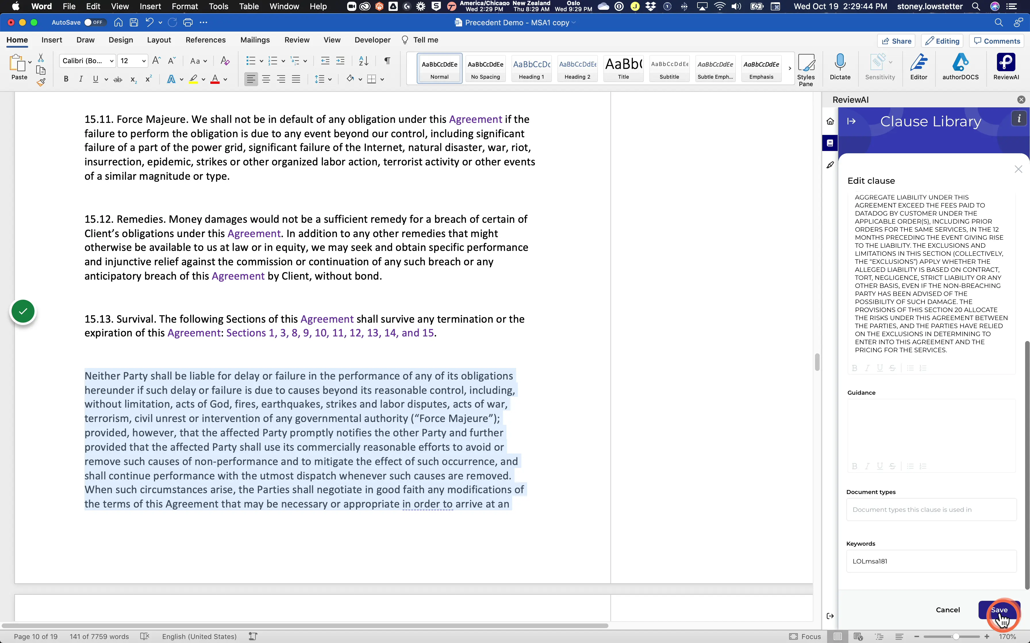 When you are done Editing or Creating a Clause, click Save