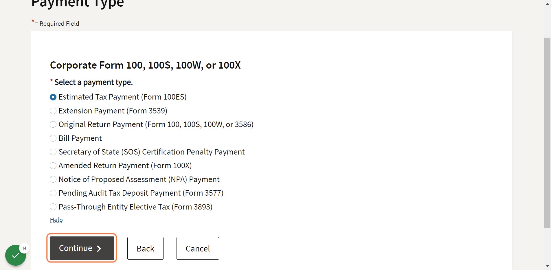 Choose "Estimated Tax Payments (Form 100ES)"