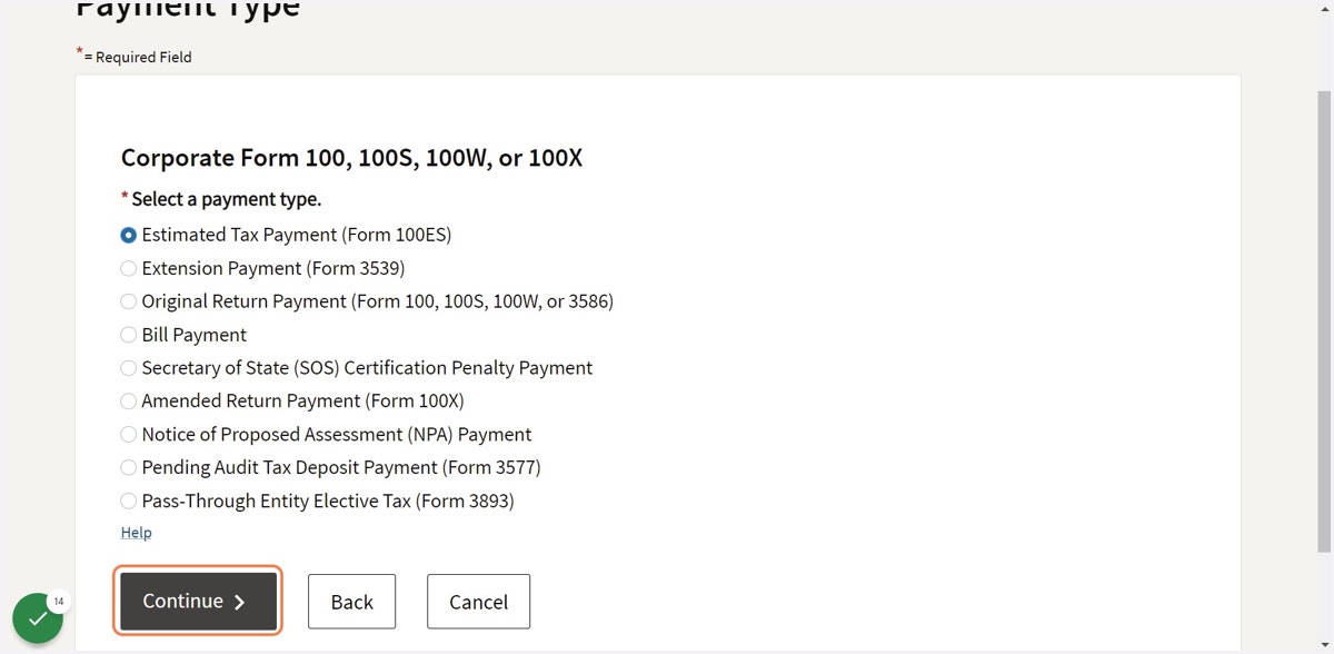 Choose "Estimated Tax Payments (Form 100ES)"