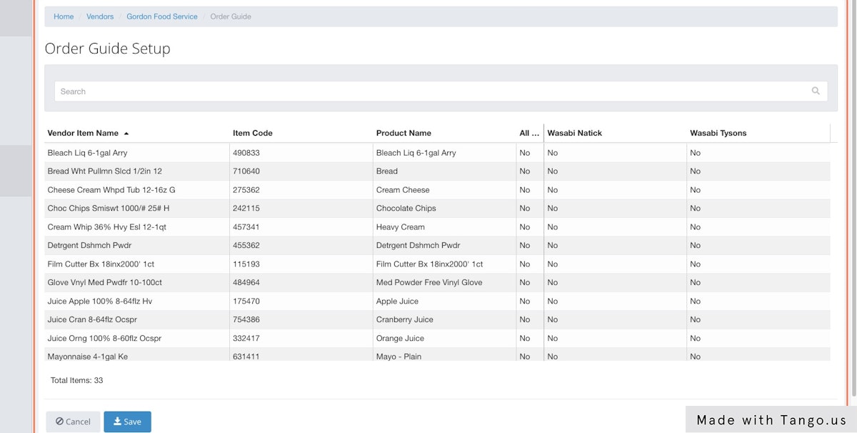 This will bring you to the Multi-Unit Order Guide, showing all vendor items across your Restaurant Units for the vendor