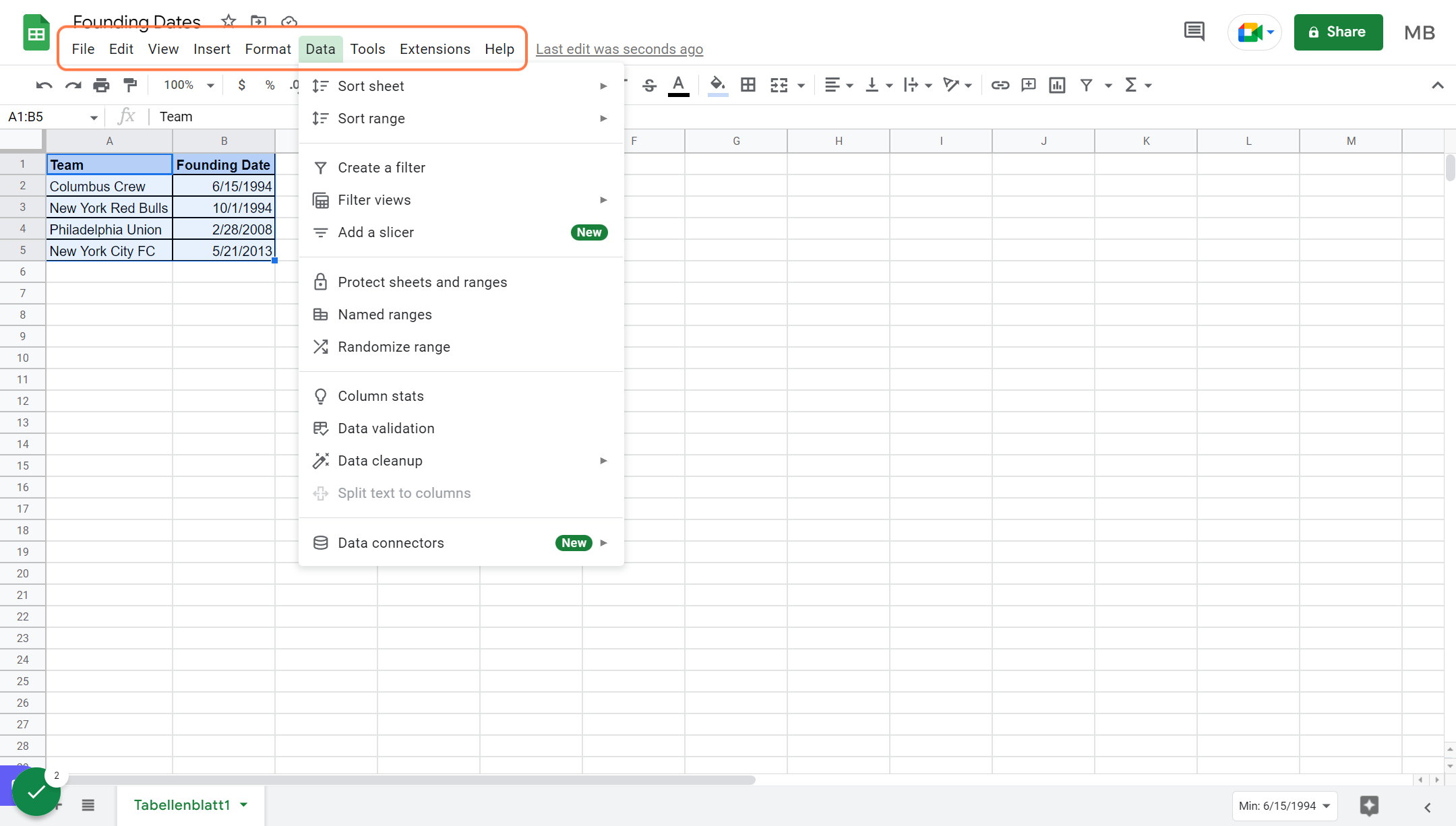 Click on Data and click on Sort range