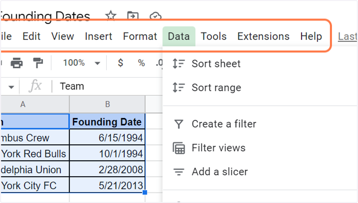 Click on Data and click on Sort range