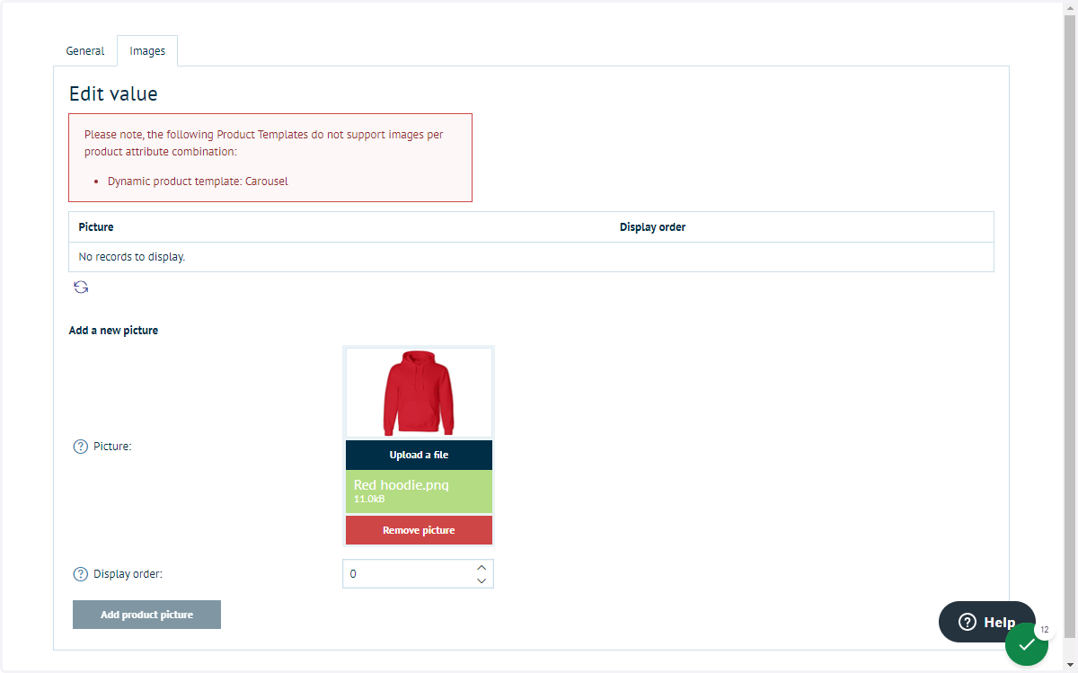 Upload an image file for this combination and click Add product picture