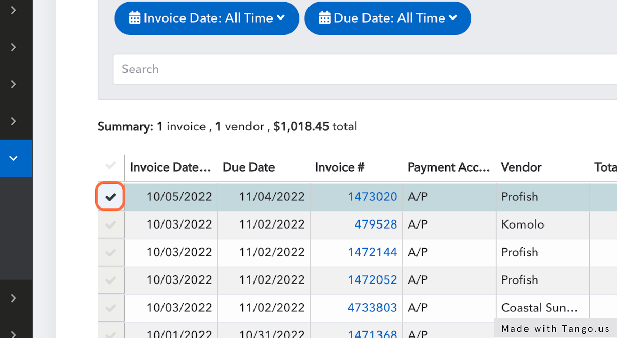 Select the invoice you want to pay using the checkbox on the left. 