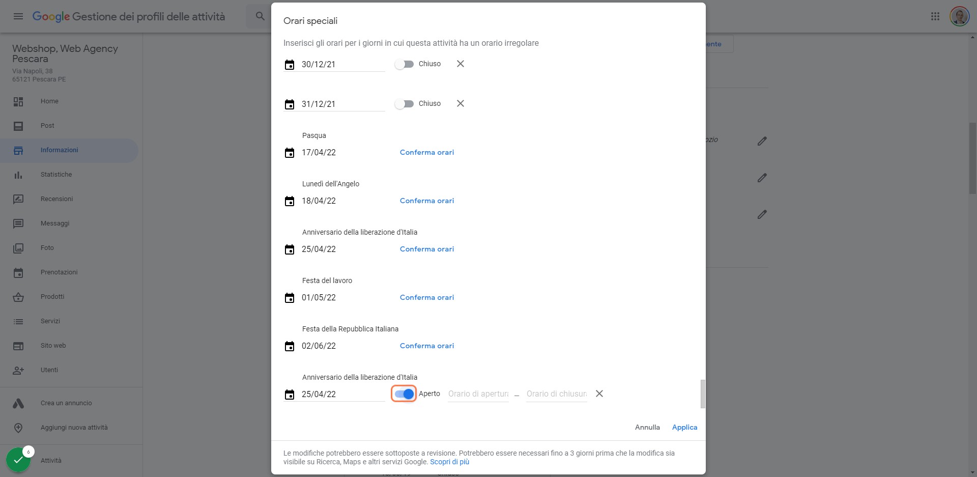Click sulla checkbox e seleziona chiuso