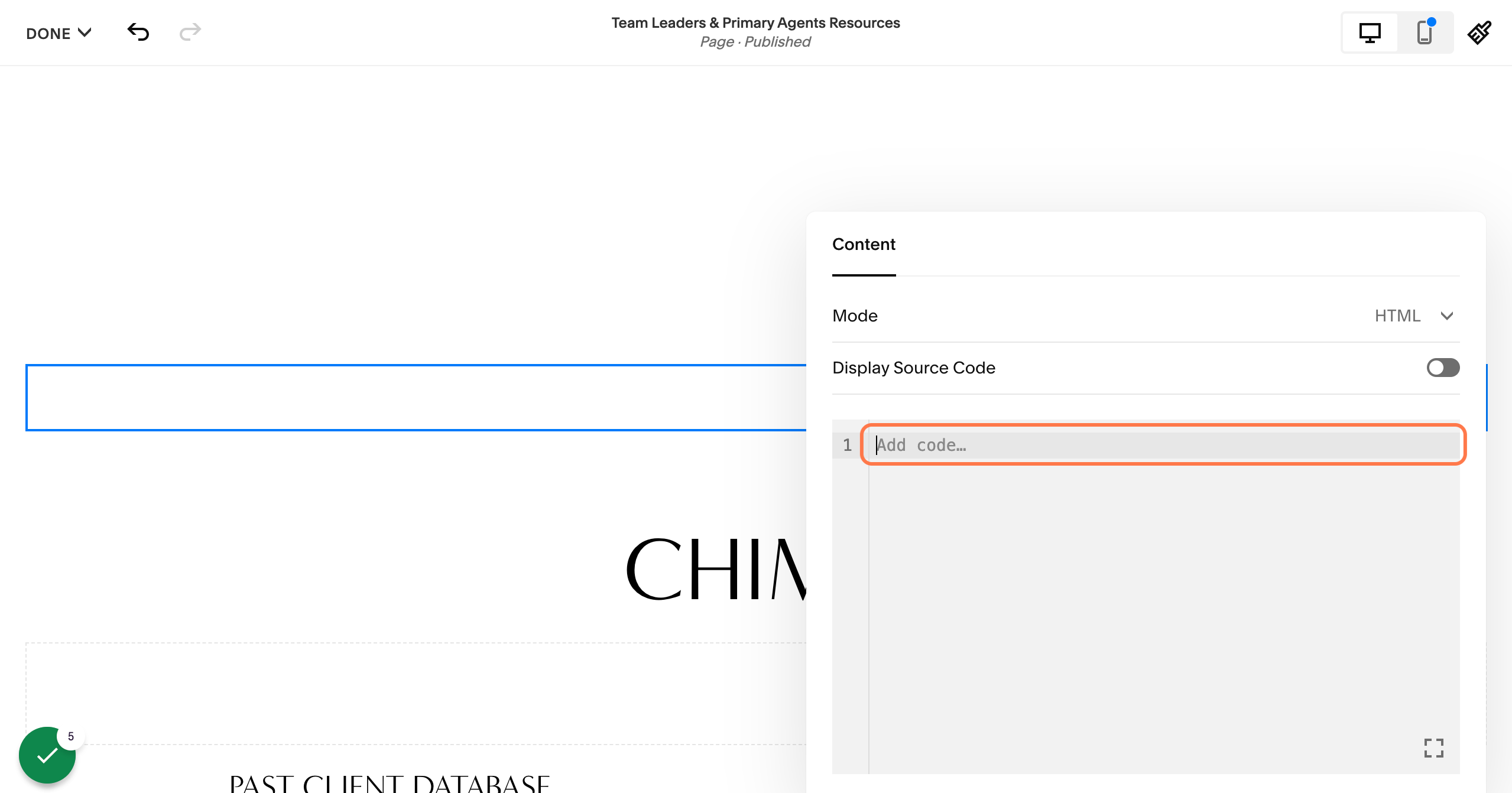 Type or paste code "<div id="services"></div>" into element