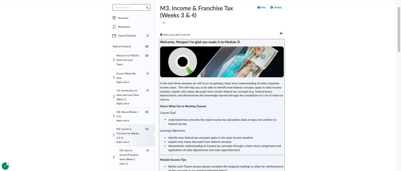 Multimedia: Module banners matching the course infographic and isolating the tax source to be studied from the pie chart