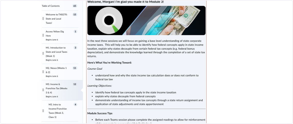 Multimedia: Module banners matching the course infographic and isolating the tax source to be studied from the pie chart