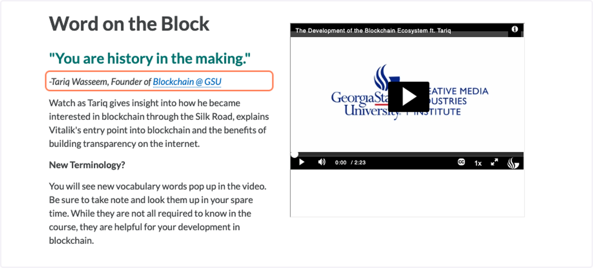 Course videos featuring students from the blockchain club at GSU
