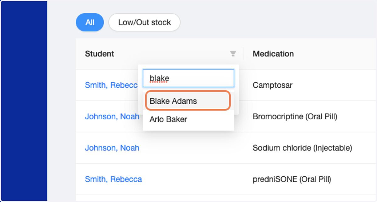 Select your student from the presented list