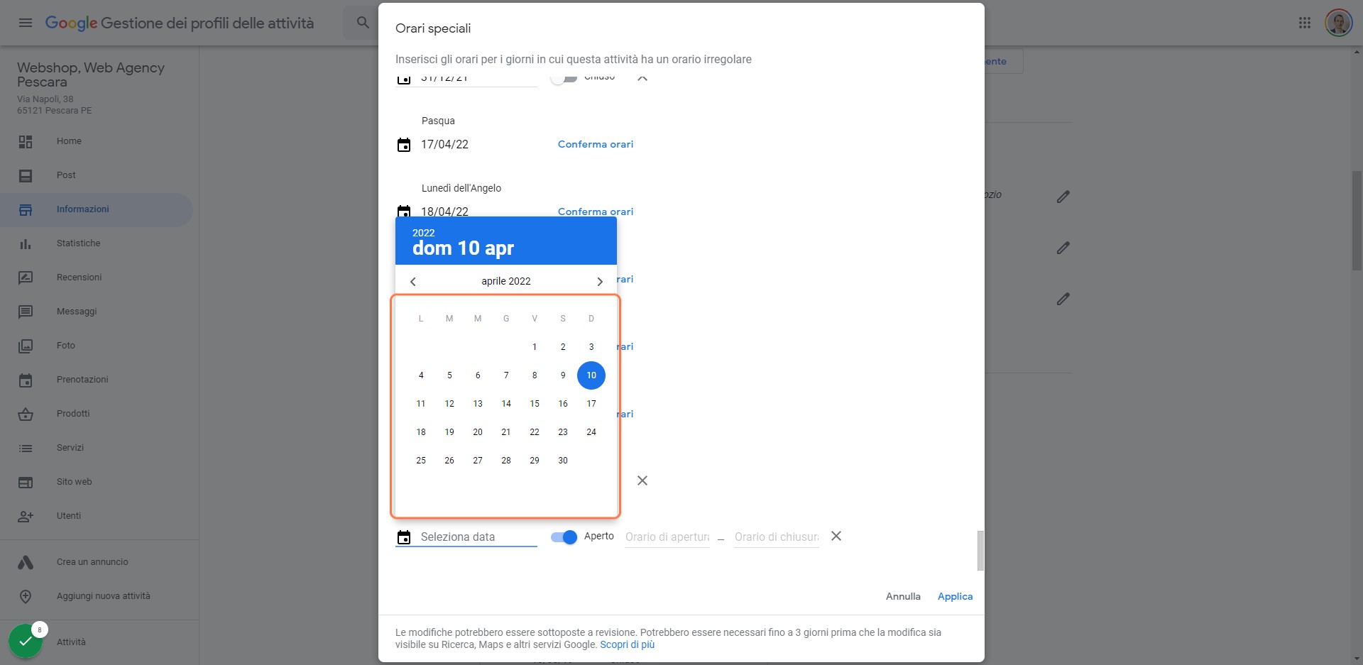 Seleziona la data in cui sarai chiuso