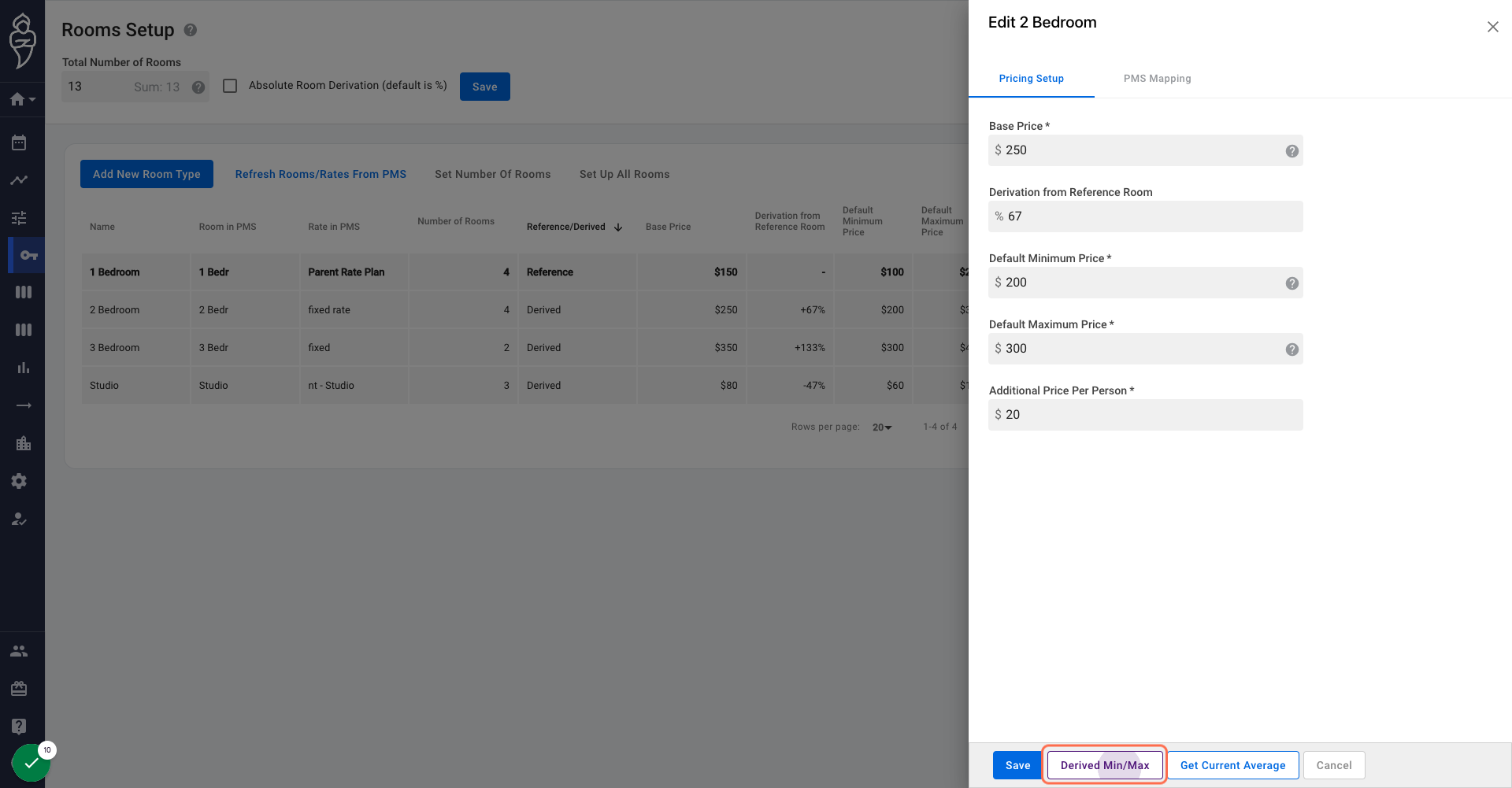 OPTIONAL: Click on Derived Min/Max if you shall like to alter the minimum and maximum price for the selected room type accordingly.