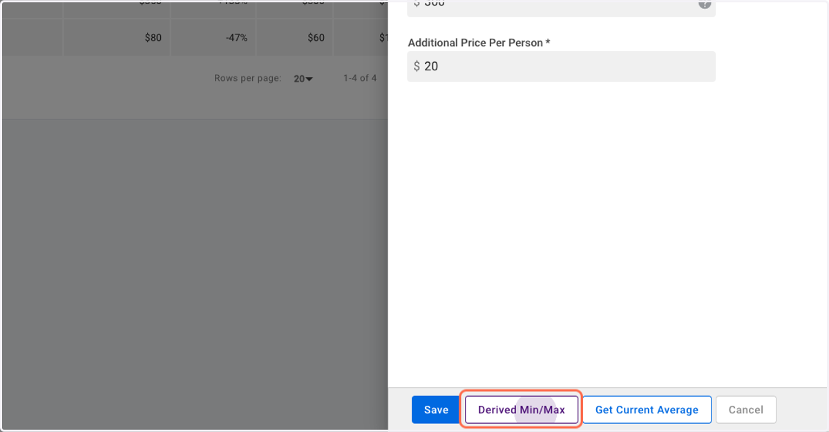 OPTIONAL: Click on Derived Min/Max if you shall like to alter the minimum and maximum price for the selected room type accordingly.