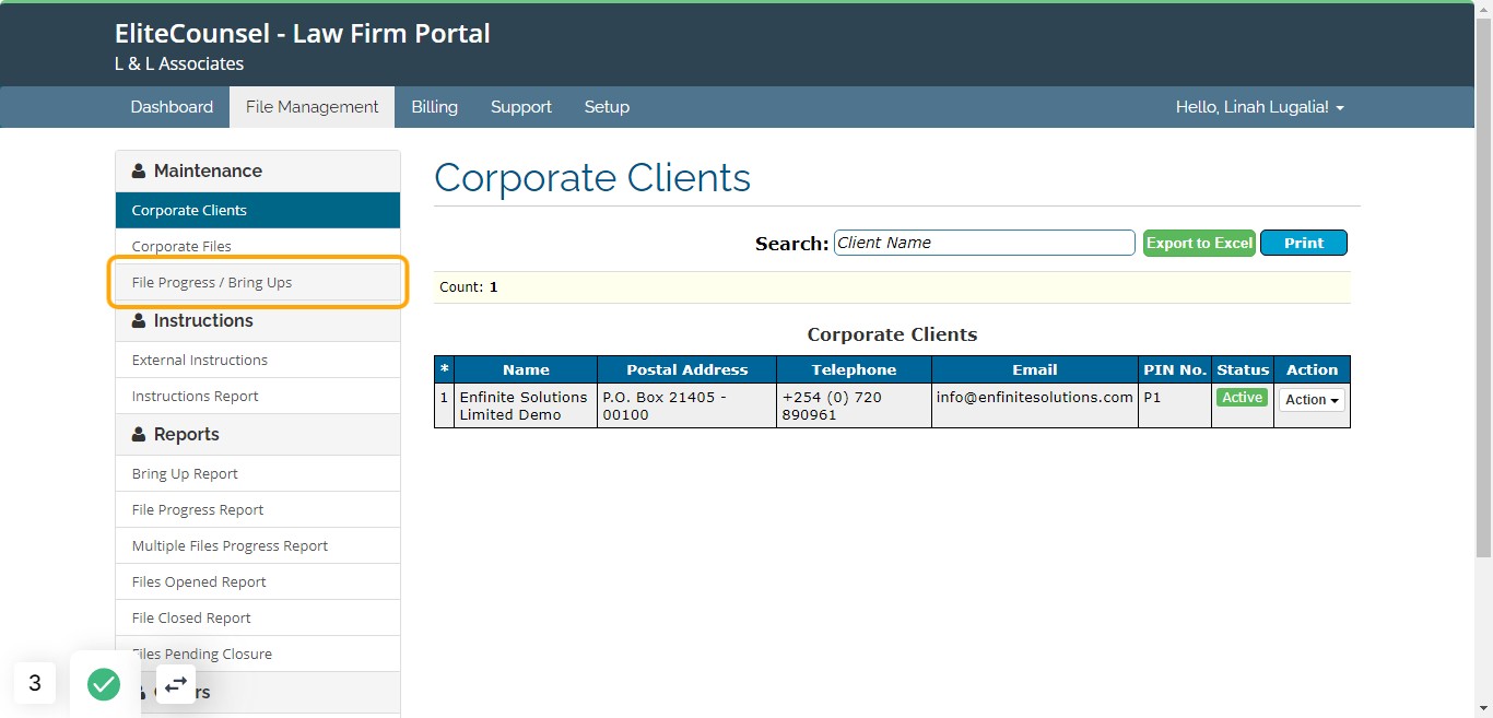 Click on File Progress / Bring Ups module