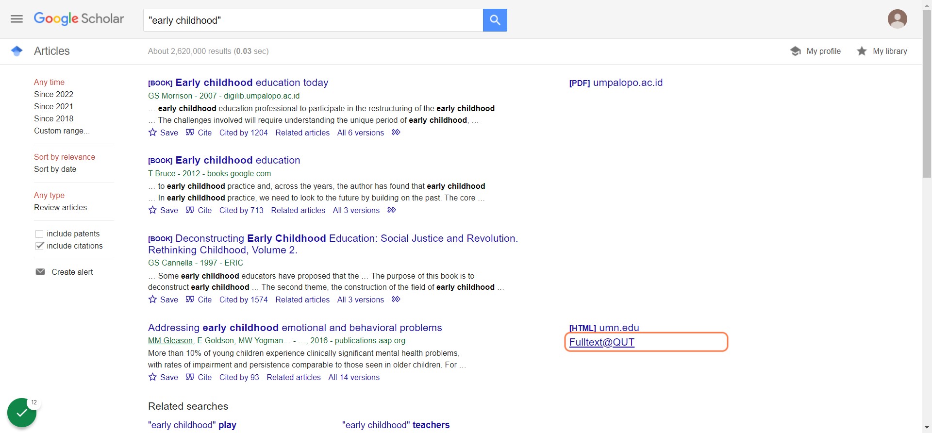 If QUT Library has the journal you will see a link to Fulltext@QUT. Click to be taken directly to the article.
