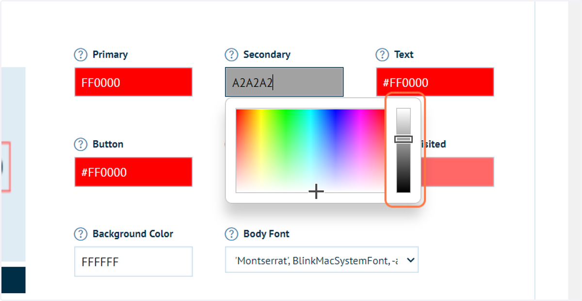 Define your secondary colour with a hex value or using the colour picker