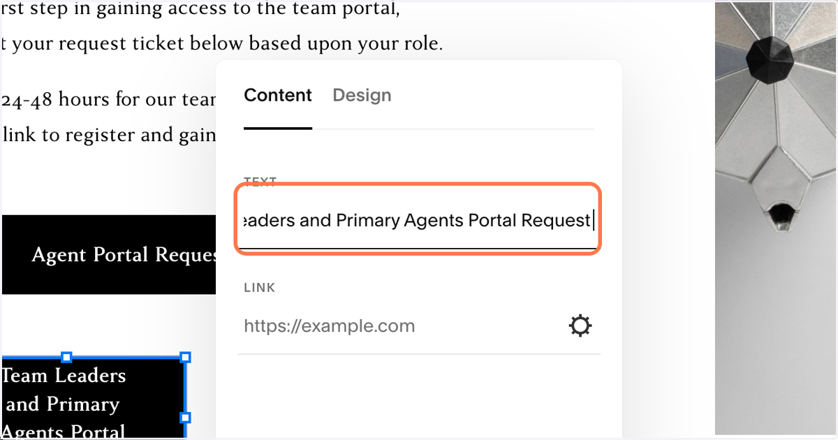 Type button name (Example: "Team Leaders and Primary Agents Portal Request ")