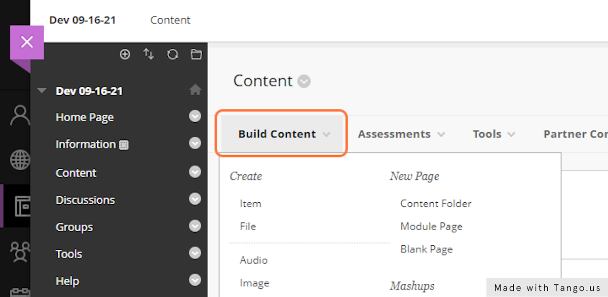 Within your course, navigate to the Content tab and choose 'Build Content' at the top.