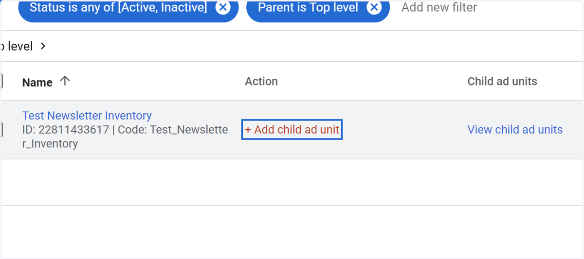 Click on + Add child ad unit