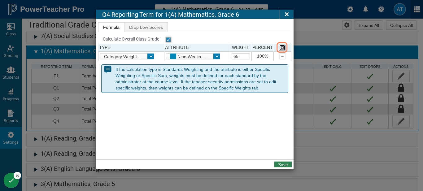 Click on Add (plus sign) to add additional categories as needed for this class