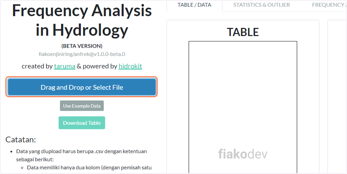 Klik "Drag and Drop or Select File" untuk mengupload data