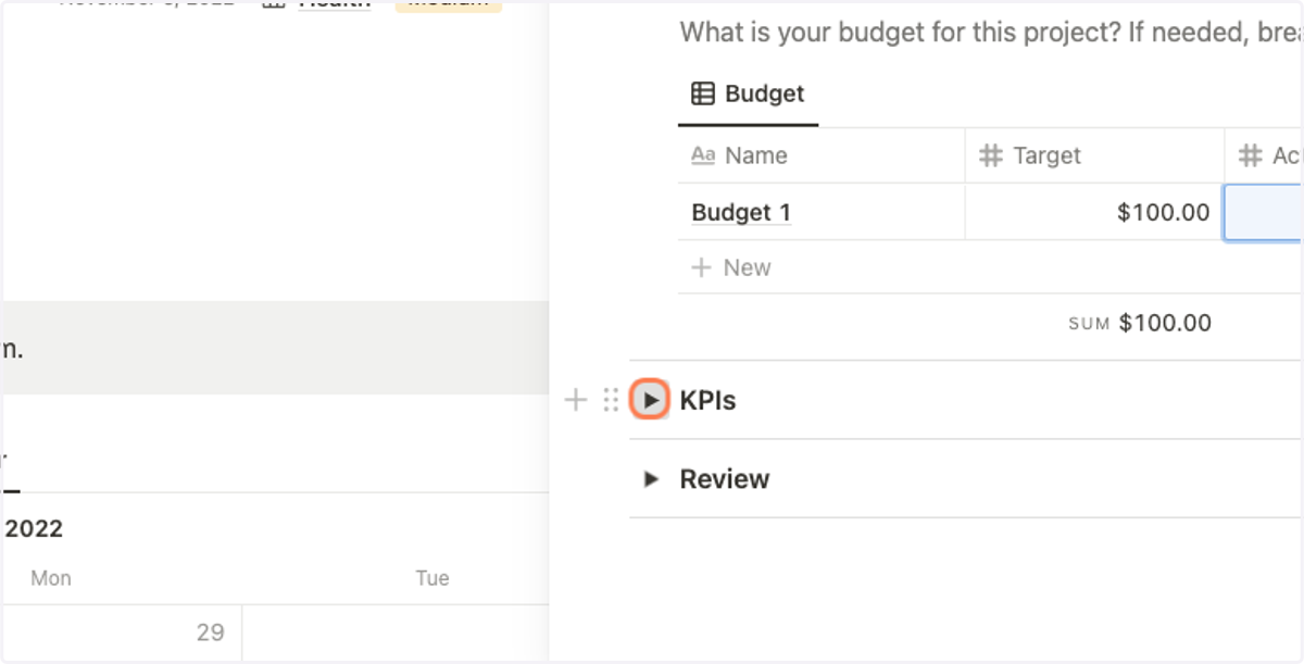 Click on arrow to open the "KPIs" section