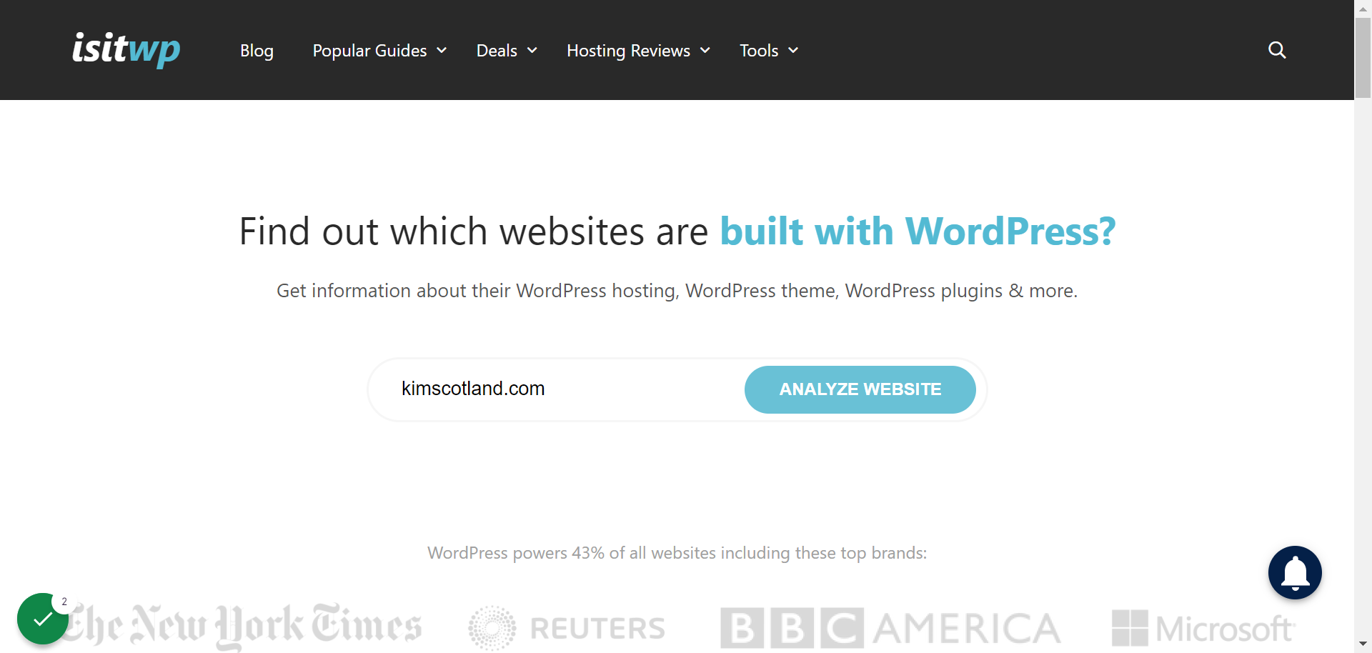 Screenshot of the IsItWP website. The user has typed kimscotland.com into the Analyze Website text box and clicked the Analyze Website button