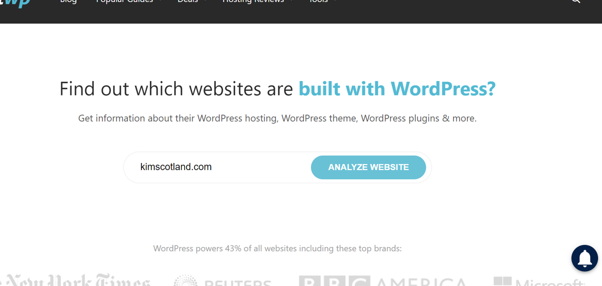 Screenshot of the IsItWP website. The user has typed kimscotland.com into the Analyze Website text box and clicked the Analyze Website button