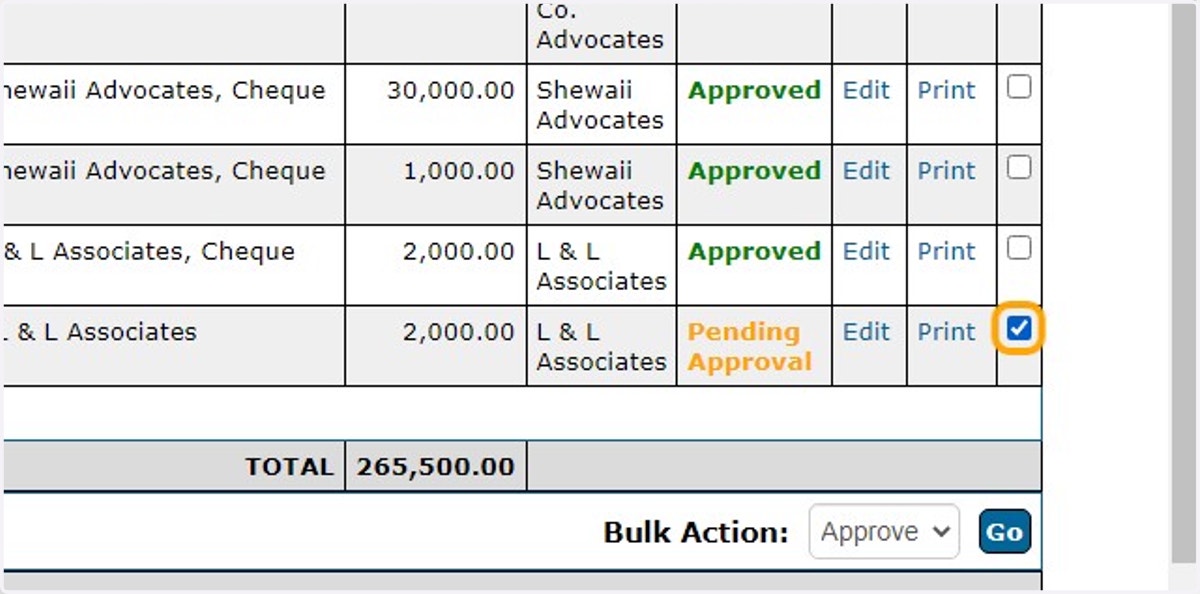 Go to the specific payment you wish to Approve and click on the Check Box against it