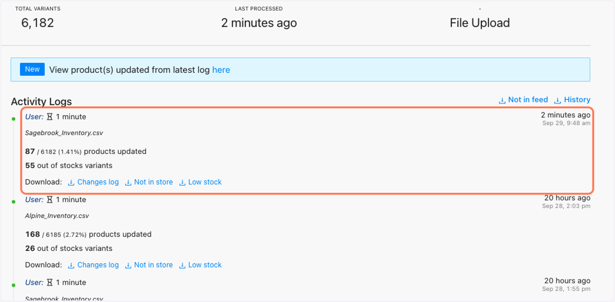 Once it has uploaded, this is how it should look. It will have a percentage of products uploaded, and the amount of out of stock varients.