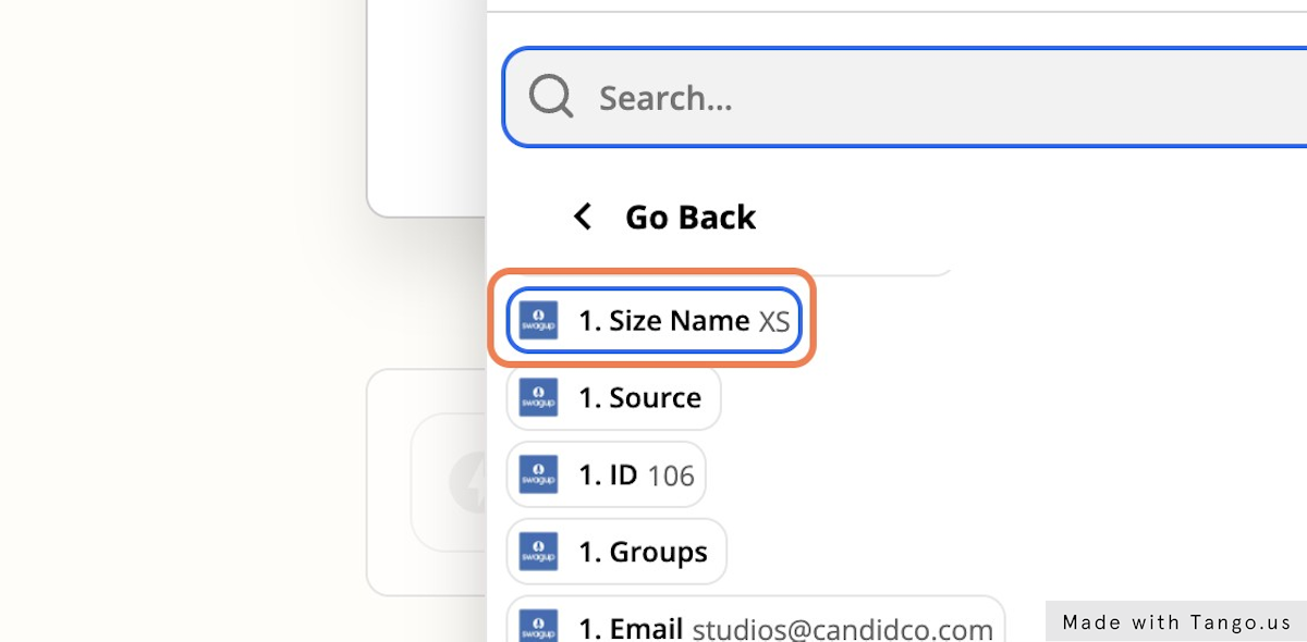 To start, I want to make sure that a size has been chosen by the user. I'll select "Size Name"