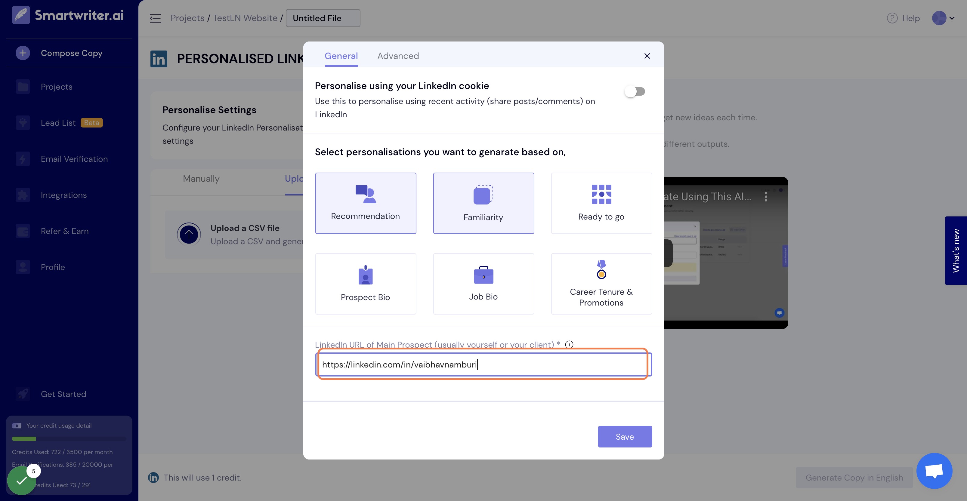 Enter "your" LinkedIn Url or your customer's Linkedin Url