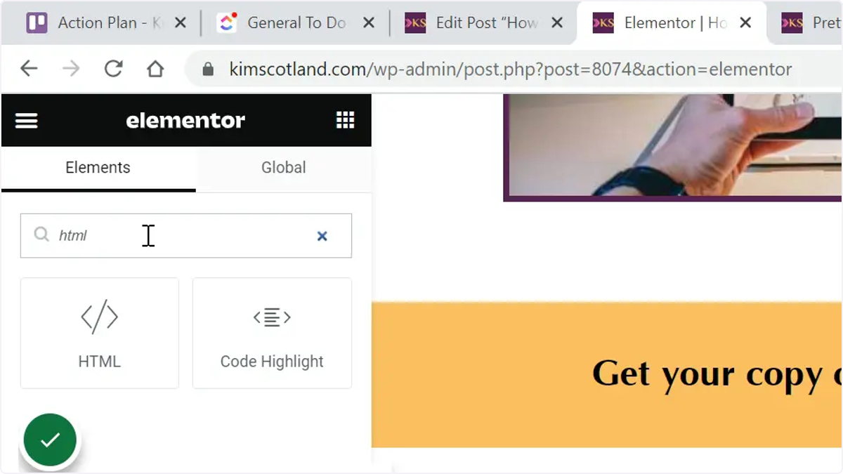 The user searching for the HTML element in the Elementor options panel.