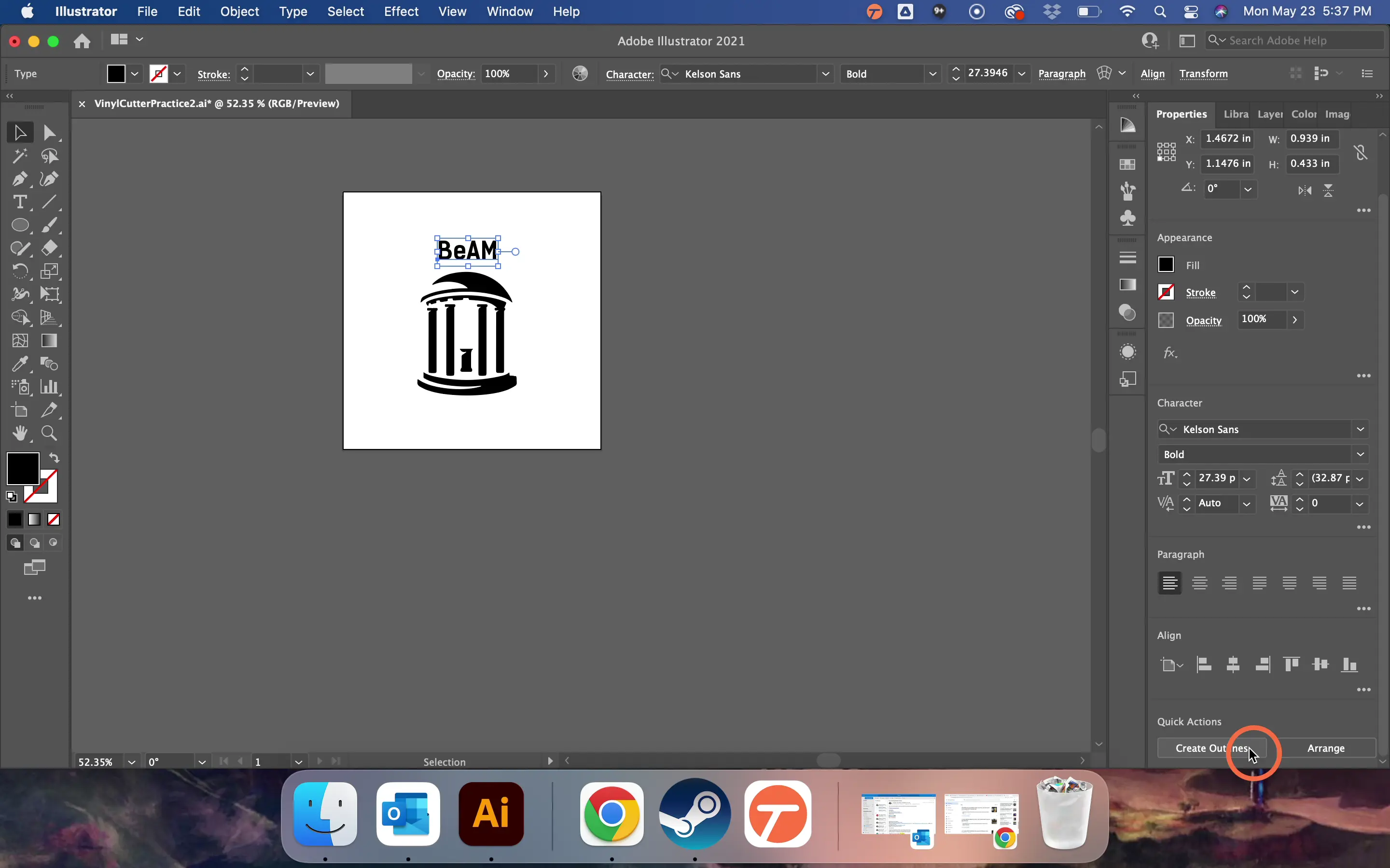 When you have the text the way you want it, click 'Create Outlines'