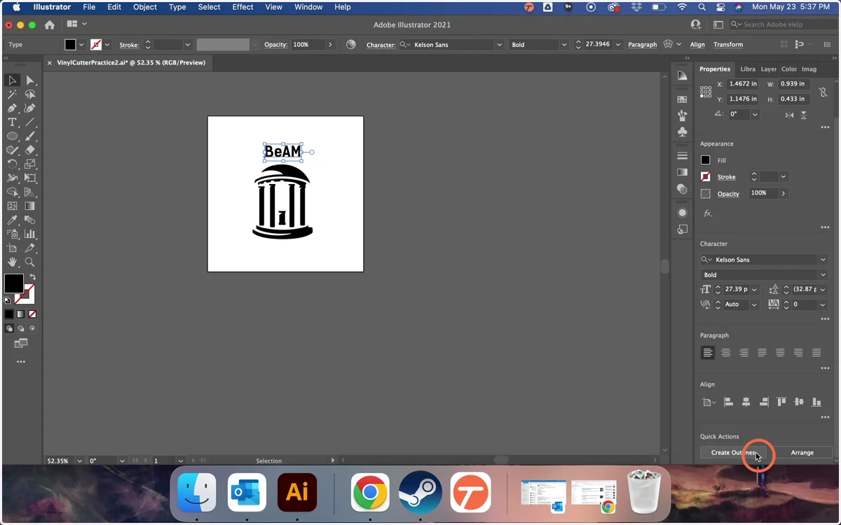 When you have the text the way you want it, click 'Create Outlines'