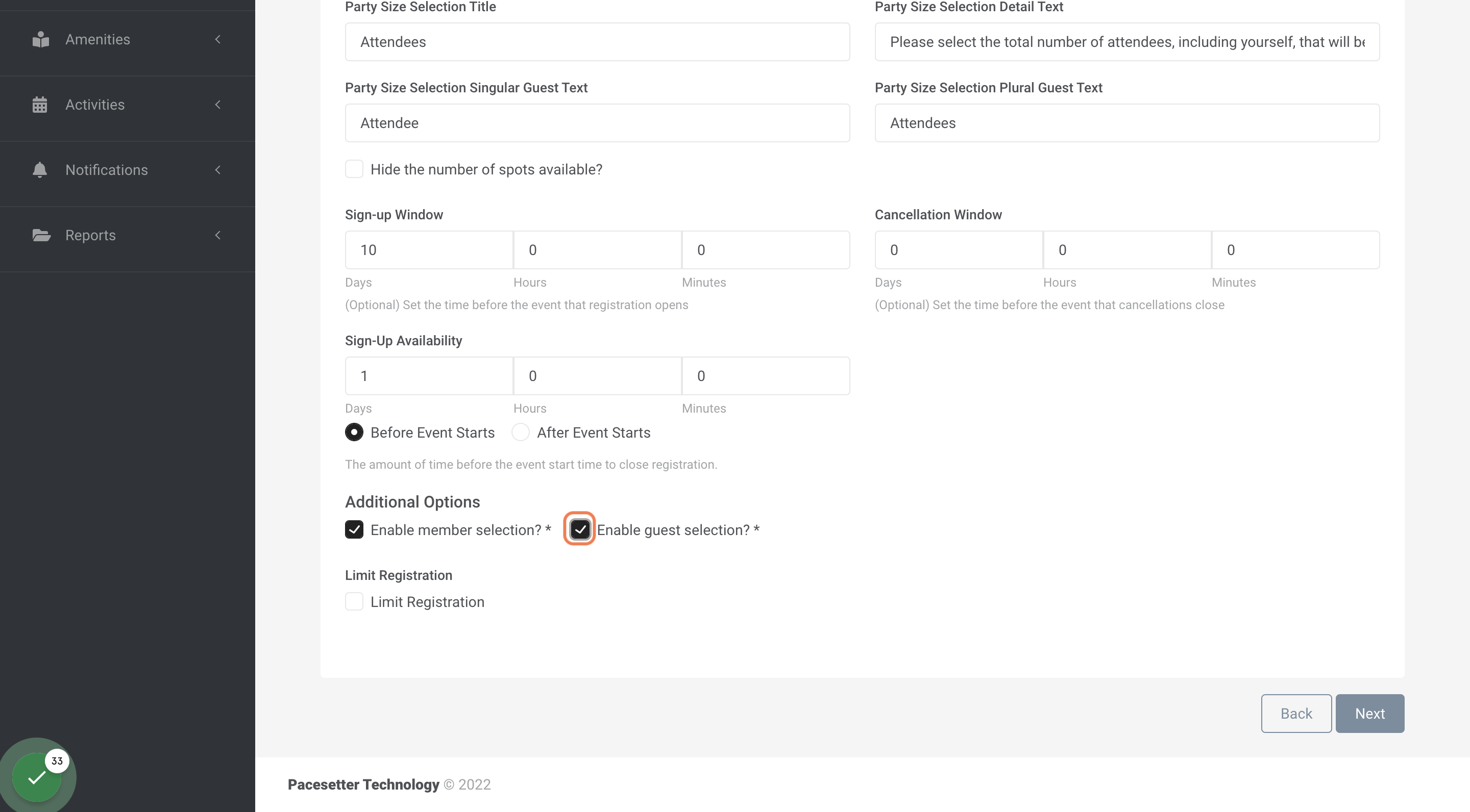 Check Enable guest selection?