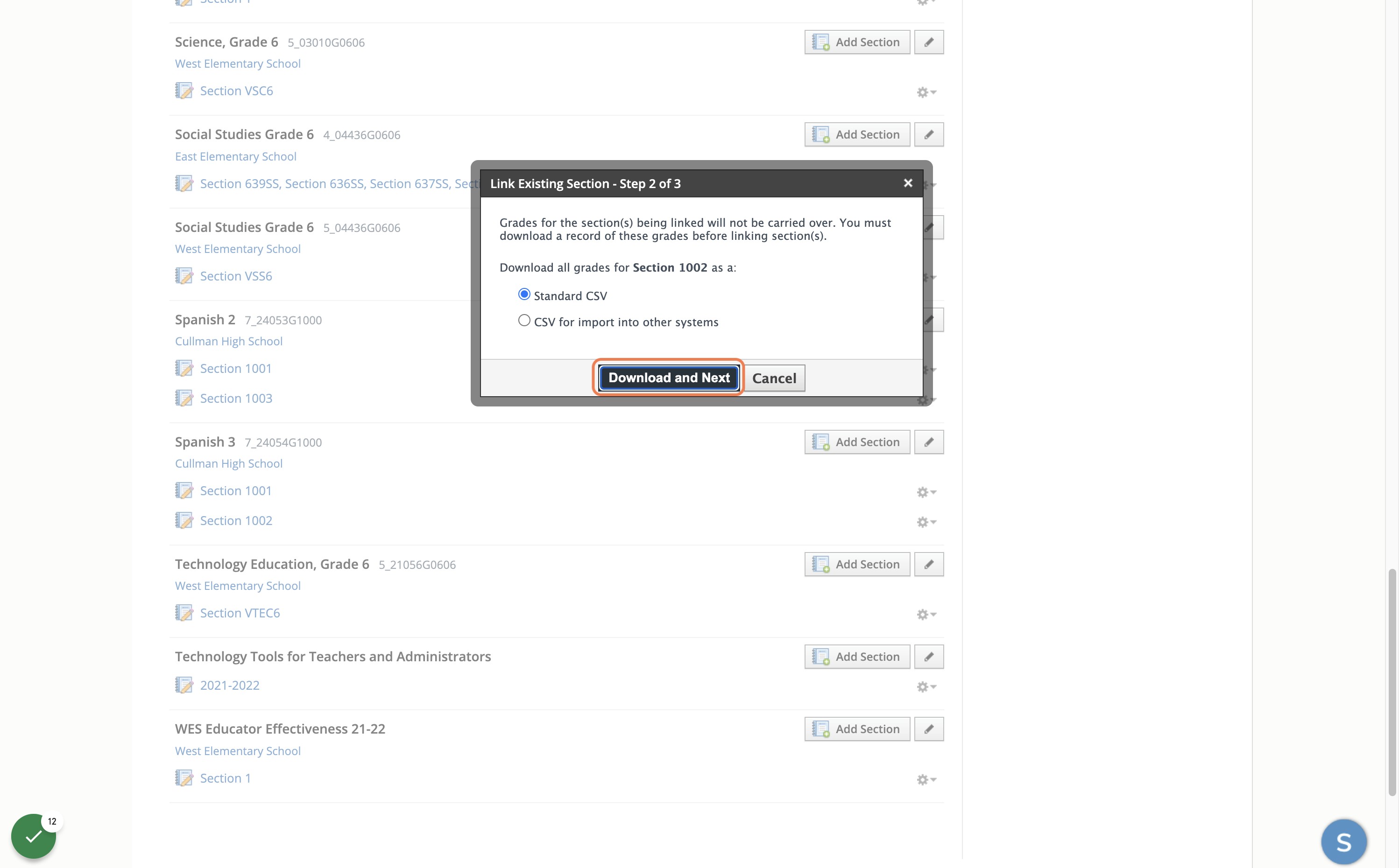 Click on Download and Next, then cancel the download. Merge your classes. Now go to the merged courses