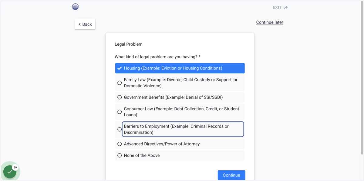 Select your Legal Problem.