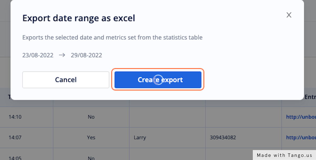Confirm the date range and click Create export to generate a downloadable file