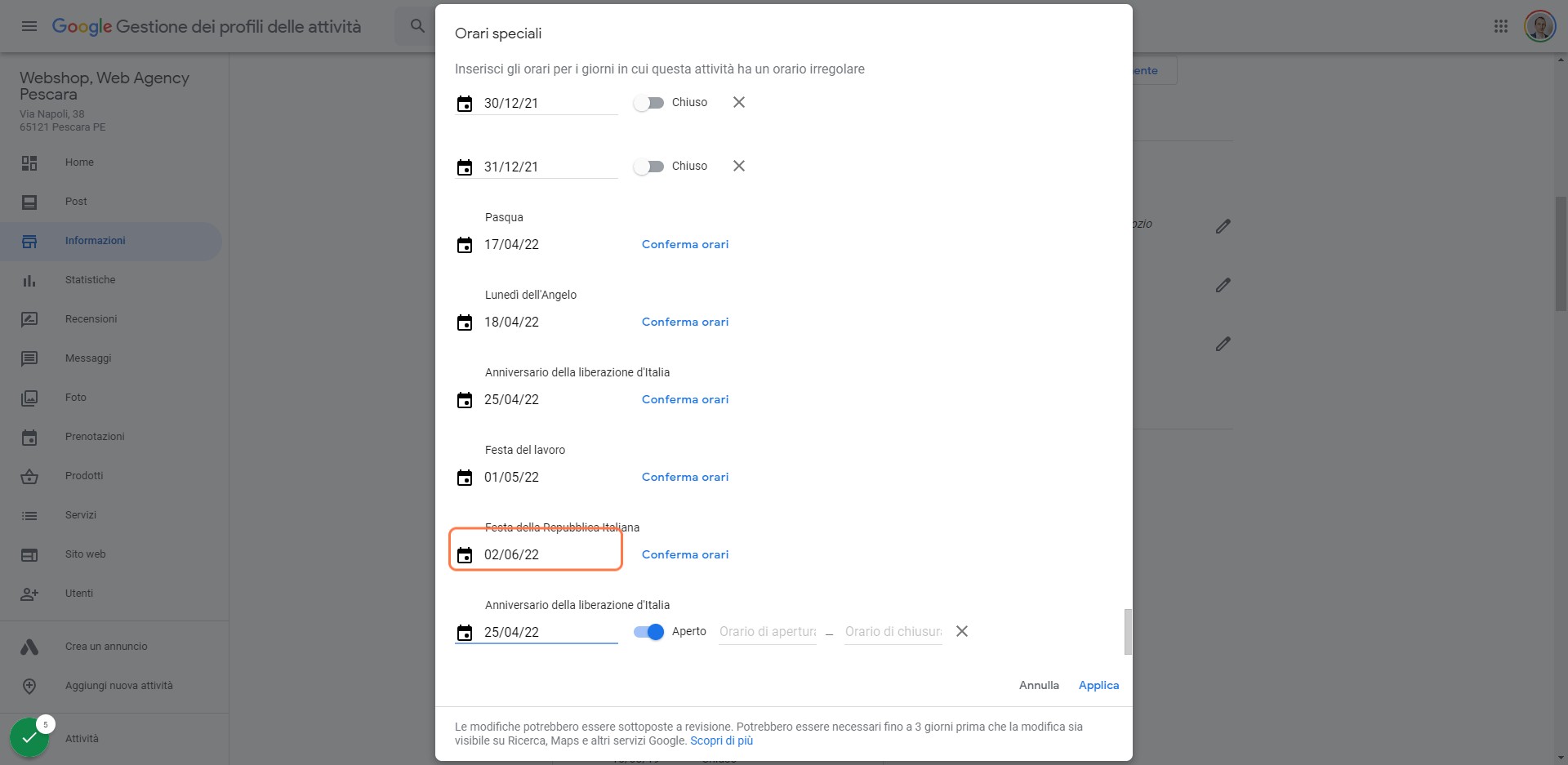 Seleziona la data in cui sarai chiuso
