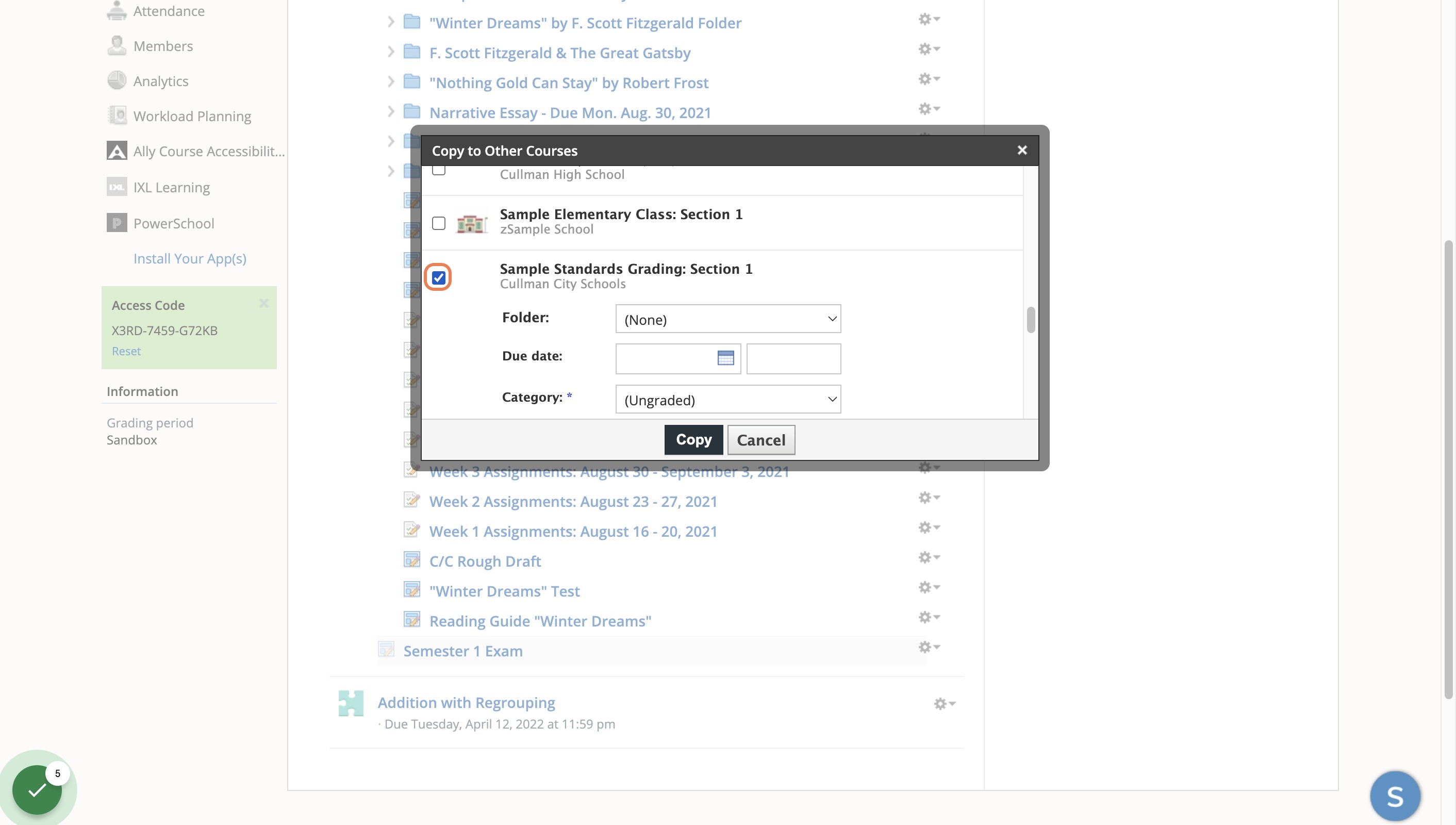Select the course in which you wish to copy the content